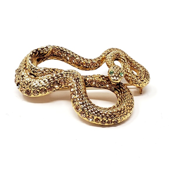 Vintage Jewelry Jewelry - Vintage Rhinestone Green Eyed Gold Snake Brooch